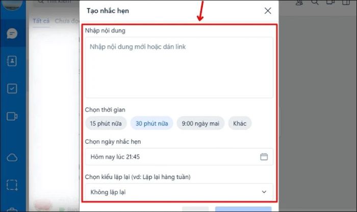 Bạn cần điền đầy đủ thông tin chi tiết của nhắc hẹn