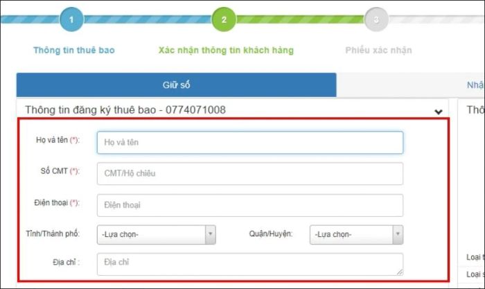 Điền thông tin cá nhân theo yêu cầu từ MobiFone