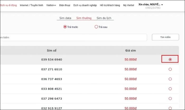 Tìm và chọn dòng SIM bạn muốn mua.