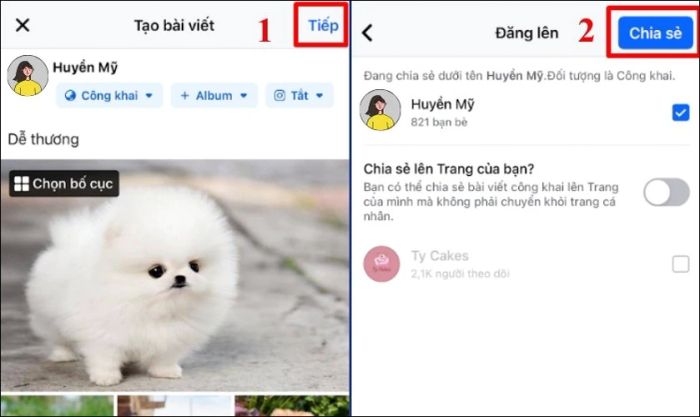 Thêm mô tả cho bức ảnh, chọn Tiếp và nhấn vào Chia sẻ để đăng tải