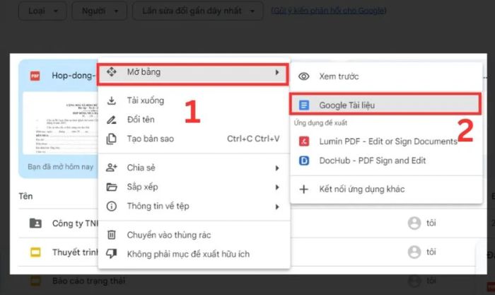 Thực hiện thao tác chọn Mở bằng và tiếp tục chọn Google Tài liệu