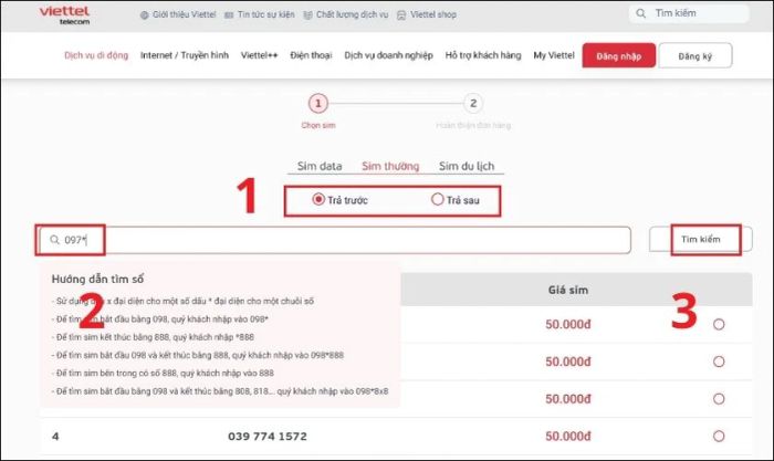 Bạn nhập vào ô tìm kiếm 097* và nhấn chọn Tìm kiếm.