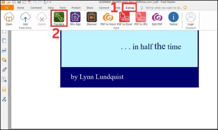 Thực hiện chọn tab Extras và tiếp tục chọn mục Translate