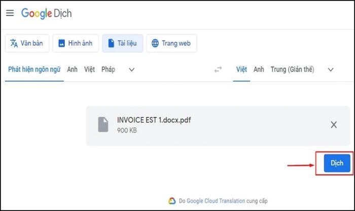 Kết quả sau khi dịch tài liệu bằng Google Dịch