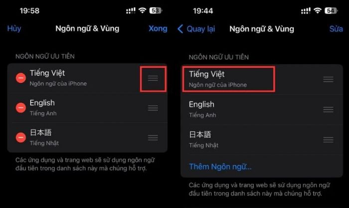 Nhấn và giữ biểu tượng ba gạch ngang cạnh ngôn ngữ tiếng Việt