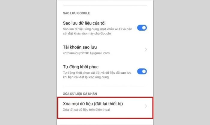 Nhấn chọn Xóa mọi dữ liệu (Đặt lại thiết bị)