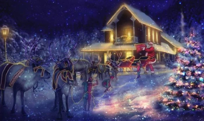 Hình nền Giáng sinh chủ đề ông già Noel cùng ngôi nhà tuyết lấp lánh