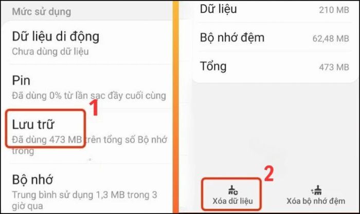 Chọn mục Lưu trữ và nhấn Xóa dữ liệu để giải phóng dung lượng Facebook.