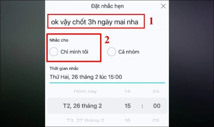 Bạn cần nhập nội dung cụ thể của nhắc hẹn và chọn Chỉ mình tôi