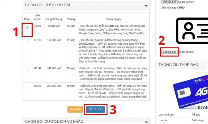 Nhấn vào nút TIẾP THEO để kết thúc việc đặt mua sim online
