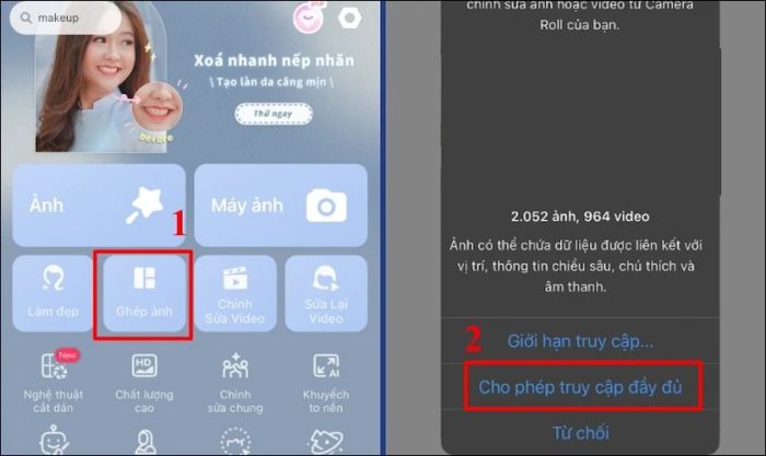 Chọn chức năng Ghép ảnh và cấp quyền truy cập vào thư viện ảnh của bạn