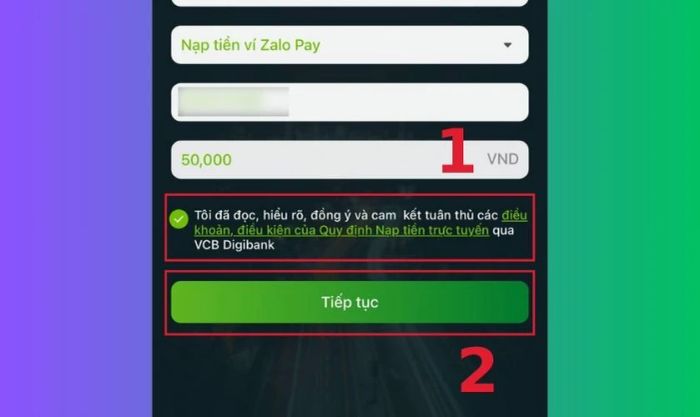 Tích chọn vào ô Tôi đã đọc, hiểu rõ… qua VCB Digibank và nhấn Tiếp tục