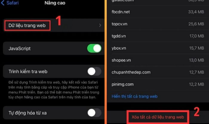 Chọn mục Dữ liệu trang web và tiếp tục chọn Xóa tất cả dữ liệu trang web.