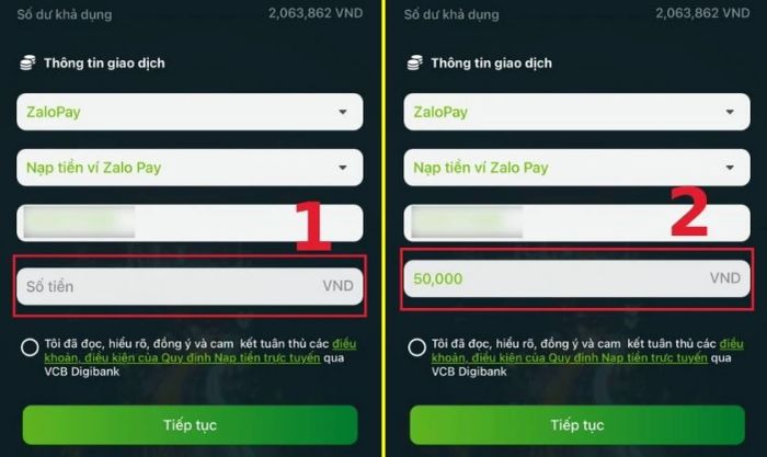 Nhập số tiền bạn muốn nạp vào tài khoản ZaloPay