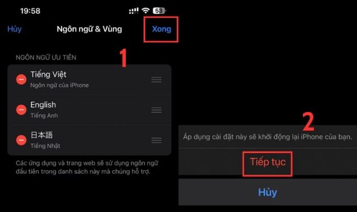 Nhấn Xong để hoàn thành việc thay đổi ngôn ngữ trên thiết bị