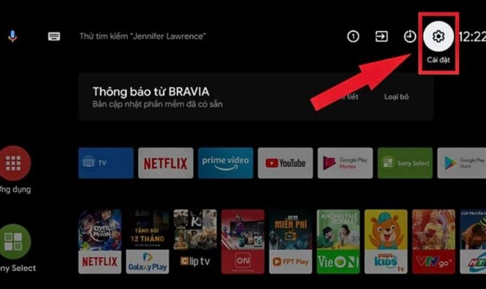 Chọn mục Cài đặt trên giao diện TV