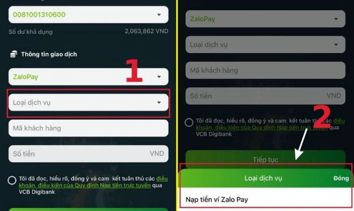 Nhấn chọn Nạp tiền vào ví ZaloPay tại mục Loại dịch vụ
