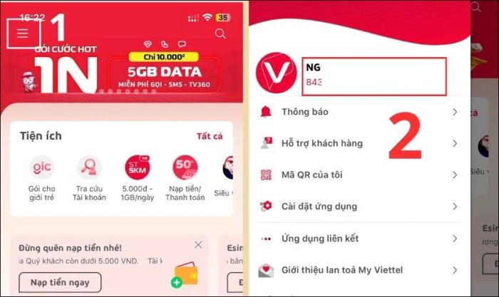 Nhấn vào biểu tượng ba gạch và chọn Tên tài khoản