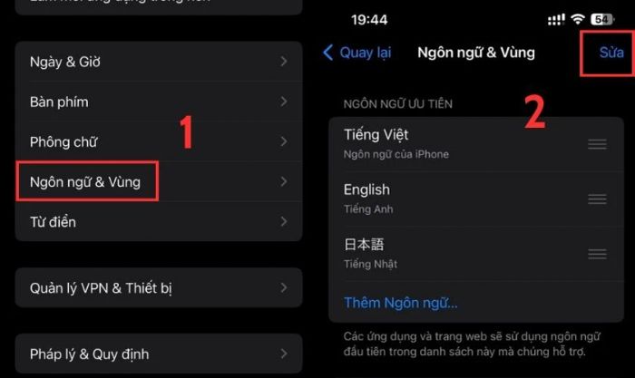 Nhấn vào mục Ngôn ngữ và Vùng, sau đó chọn Sửa