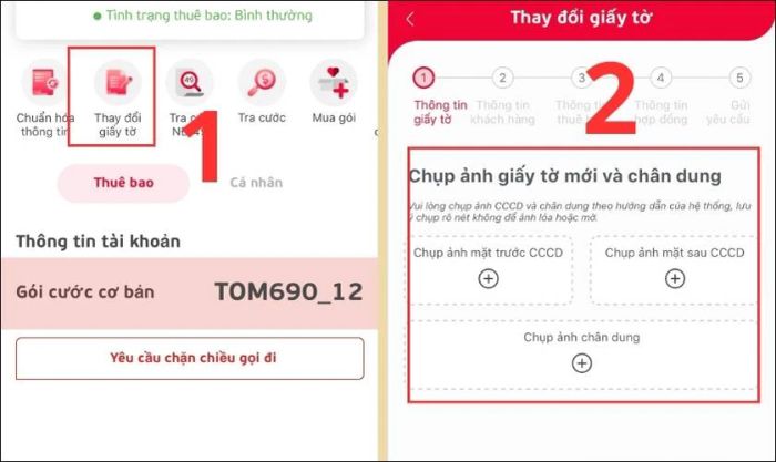 Chọn mục Thay đổi giấy tờ và bắt đầu tải lên CMND/CCCD, ảnh chân dung và các thông tin liên quan khác