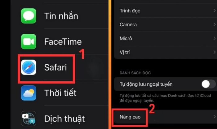 Chọn mục Safari và nhấn vào phần Nâng cao.