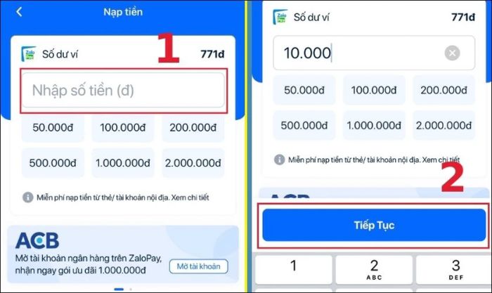 Nhập số tiền bạn muốn nạp và bấm vào Tiếp Tục