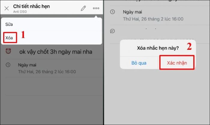 Bạn hãy chọn Xóa để loại bỏ lịch nhắc hẹn trên Zalo