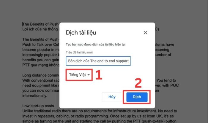 Thực hiện lựa chọn ngôn ngữ dịch