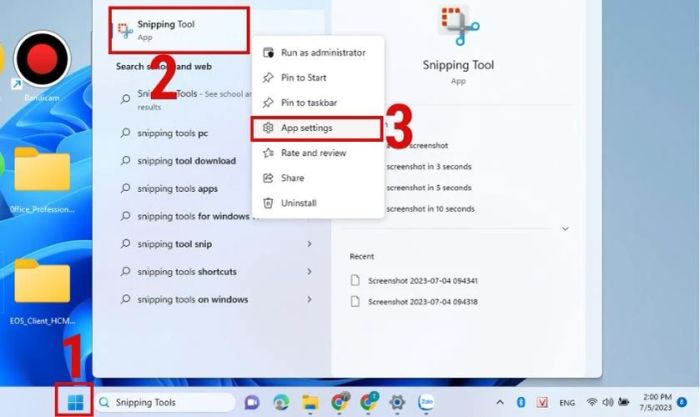 Tìm kiếm ứng dụng Snipping Tools, nhấn chuột phải và chọn App settings
