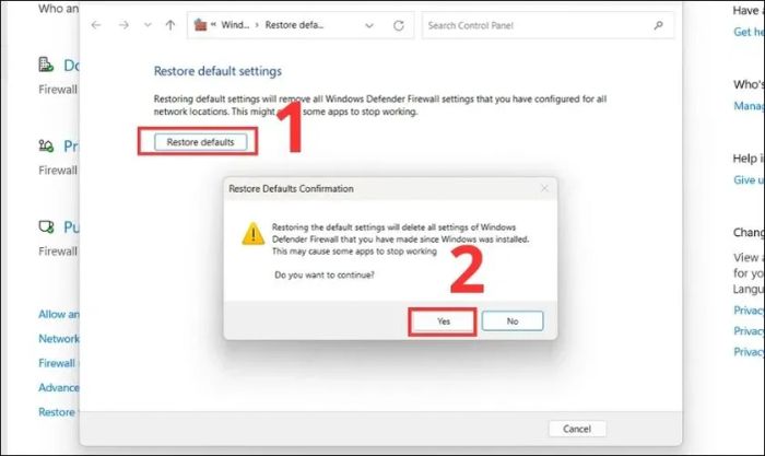 Thực hiện xác nhận để khôi phục tường lửa trên Windows 11
