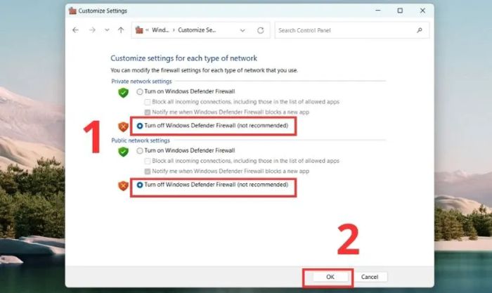 Chọn Turn off Windows Defender Firewall để tắt tường lửa trên Windows 11