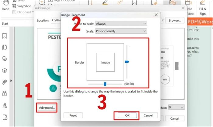 Điều chỉnh kích thước đường viền hoặc vị trí của ảnh cần thêm vào file PDF