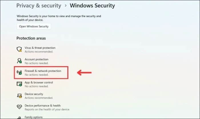 Chọn mục Firewall & network protection