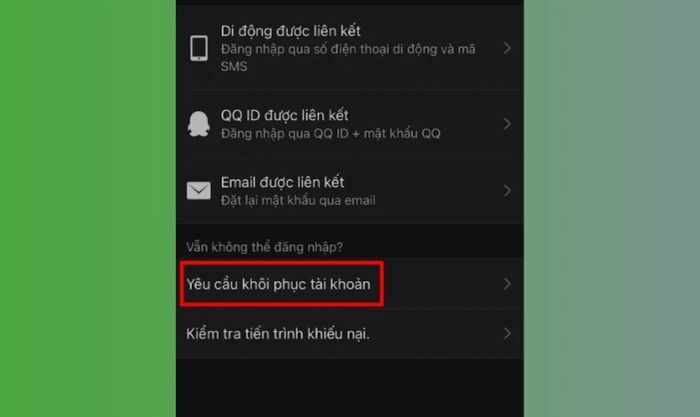 Nhấn vào Yêu cầu khôi phục tài khoản