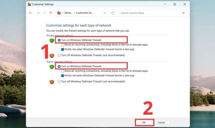 Chọn phần OK để hoàn thành việc tắt tường lửa trên Windows 11