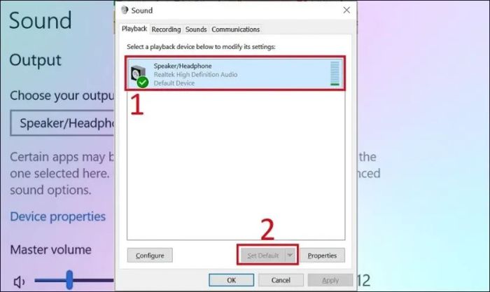 Chọn Set Default để thiết lập loa