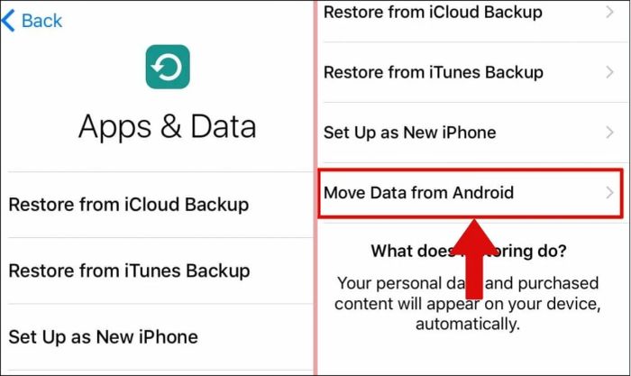 Truy cập mục App & Data để thực hiện việc chuyển ảnh từ Android sang iPhone
