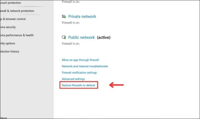 Thực hiện chọn mục Restore firewalls to default