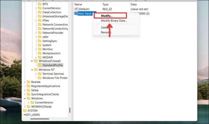 Thực hiện chọn Modify để tắt tường lửa trên Windows 11