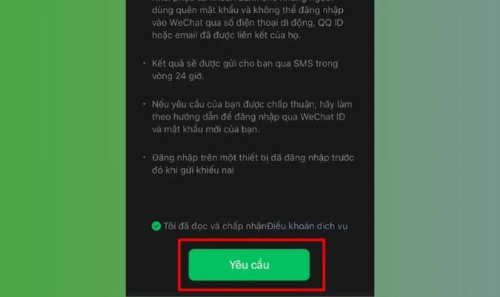 Đọc ghi chú, nhấn chọn Tôi đã đọc và chấp nhận Điều khoản dịch vụ, sau đó chọn mục Yêu cầu