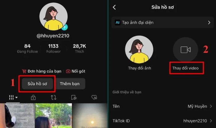 Nhấn vào Sửa hồ sơ và chọn Thay đổi video