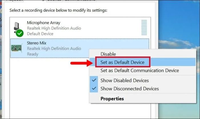 Nhấp chuột phải vào Stereo Mix