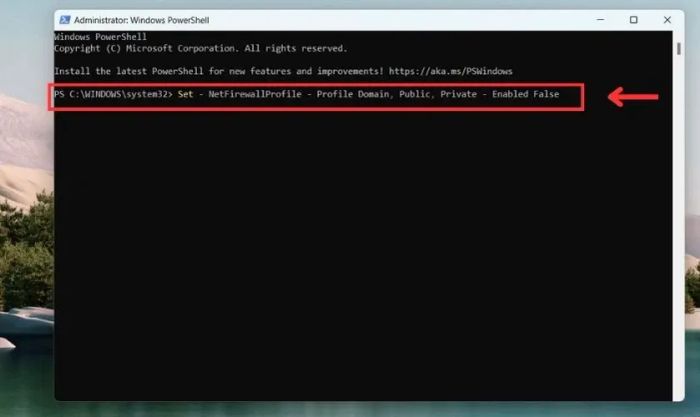 Nhập lệnh Set-NetFirewallProfile -Profile Domain, Public, Private -Enabled False