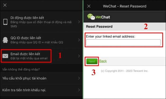 Tìm và chọn mục Email được liên kết, nhập Email và bấm Next