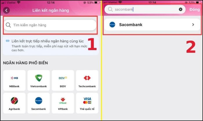 Nhập tên ngân hàng và chọn ngân hàng tương ứng