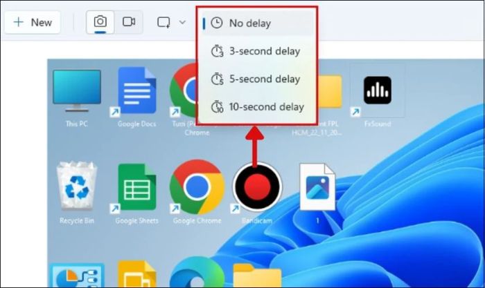 Ứng dụng này còn hỗ trợ cài đặt thời gian chờ để chụp màn hình trên Windows 11