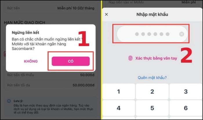 Xác nhận bằng cách nhấn Có và nhập mật khẩu MoMo của bạn
