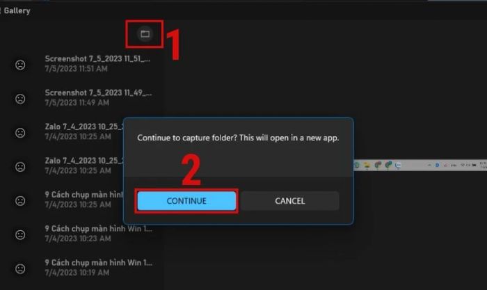 Nhấn Continue để hoàn tất quá trình chụp màn hình trên Windows 11