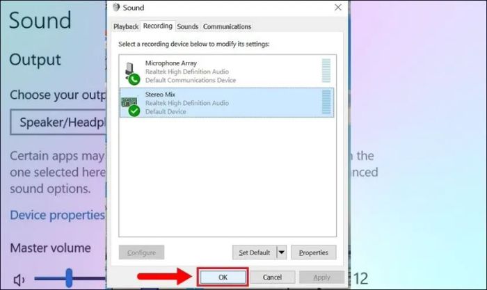 Trên cửa sổ Sound, nhấn OK