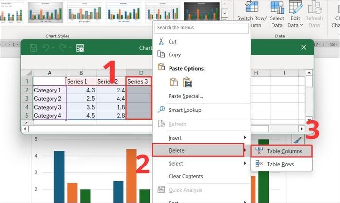 Bôi đen một cột tùy ý trong Excel, nhấp chuột phải, chọn Delete và tiếp tục chọn Table Column